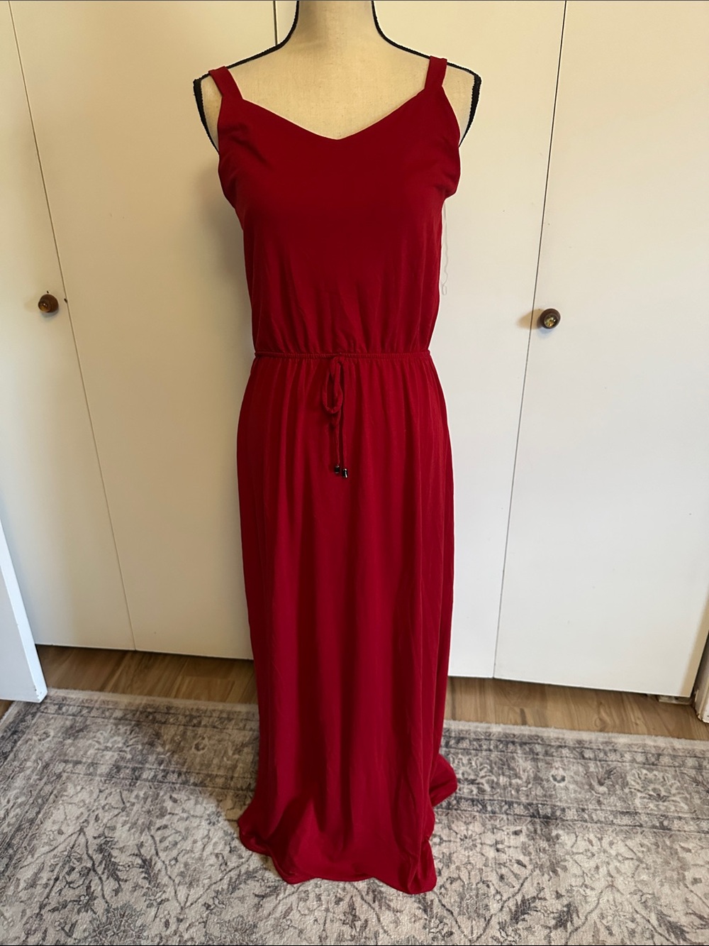 Sleeveless Red Drawstring Waist Maxi Dress